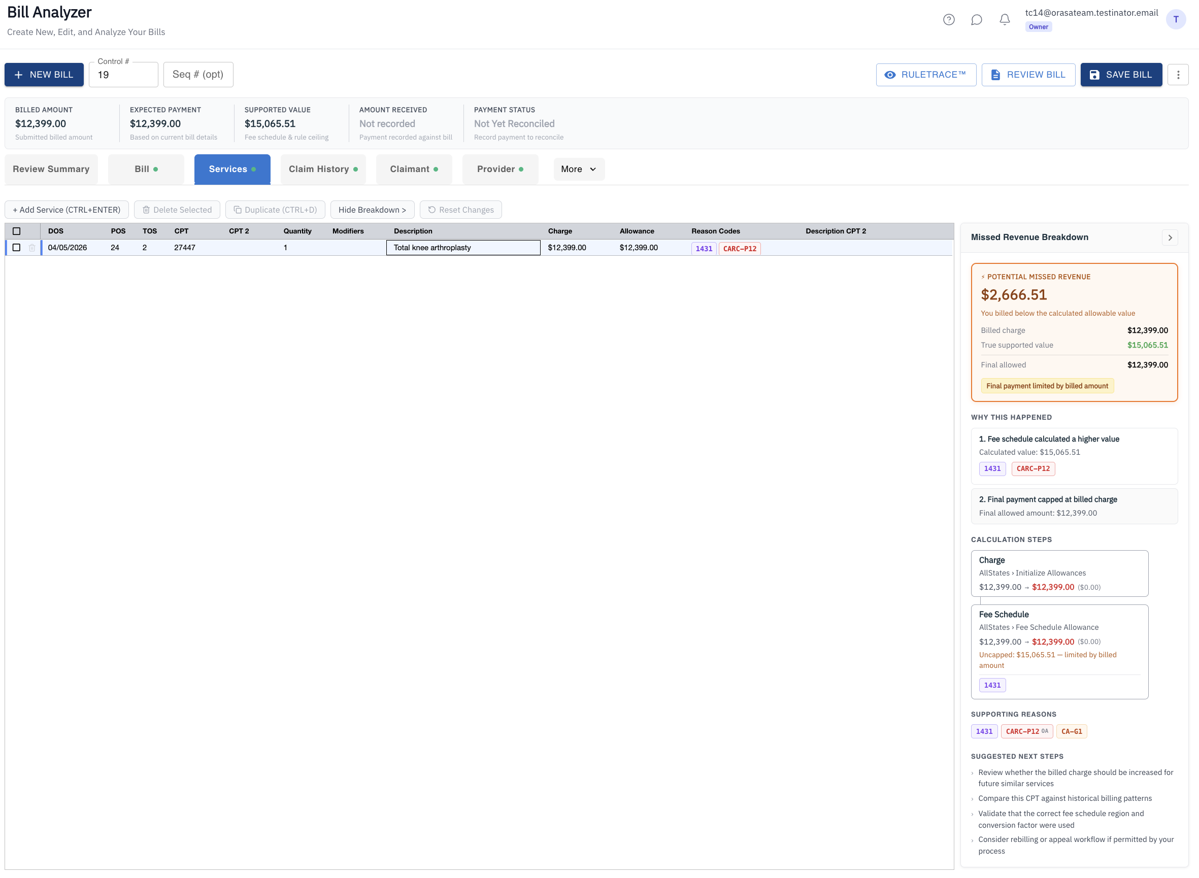 Provider line detail showing missed revenue breakdown and full calculation explanation